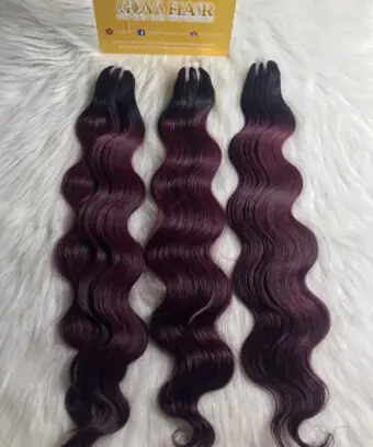 Wavy Machine Weft Hair Extensions 24 Inch Ombre Burgundy Color