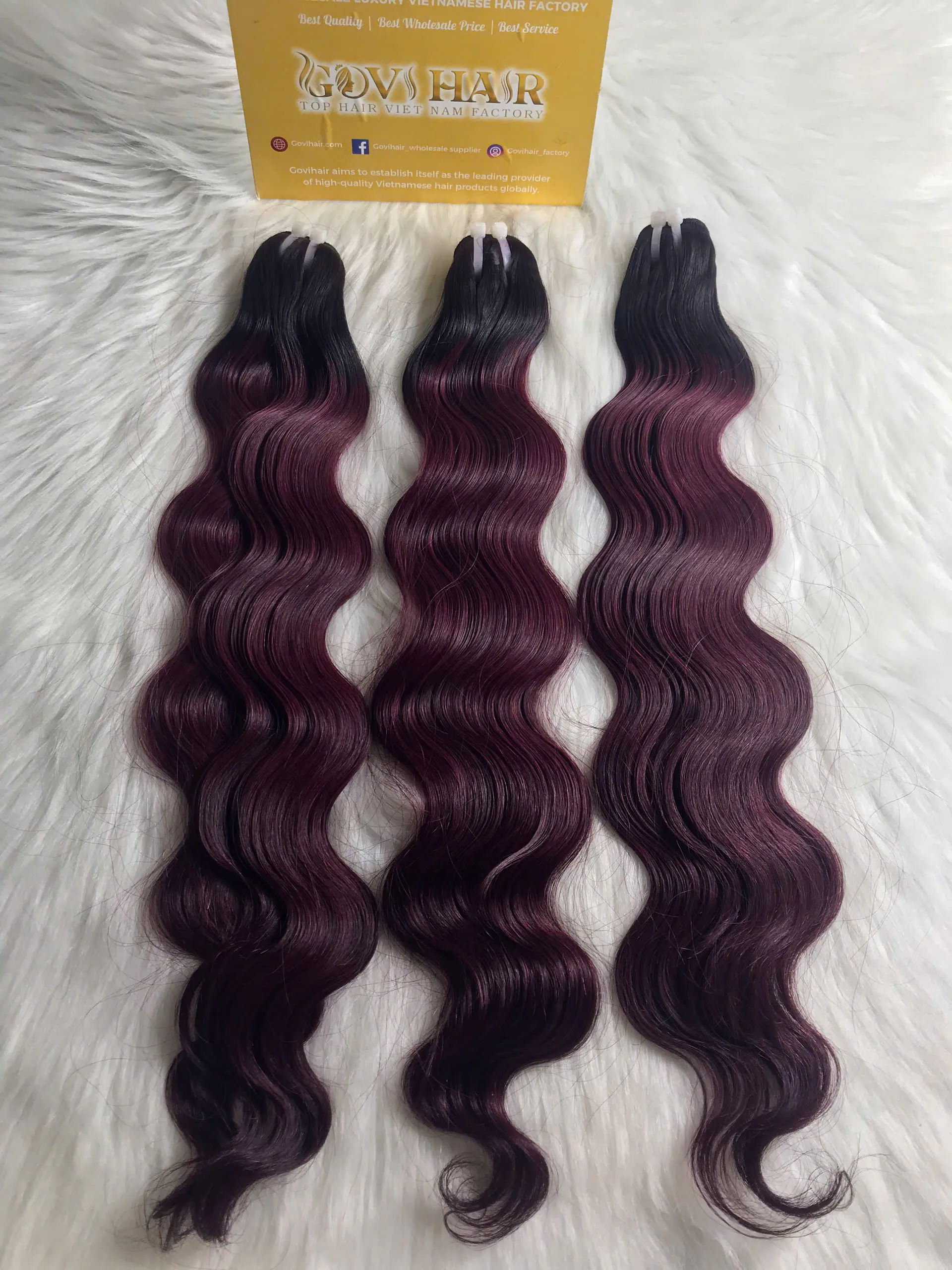 Wavy Machine Weft Hair Extensions 24 Inch Ombre Burgundy Color