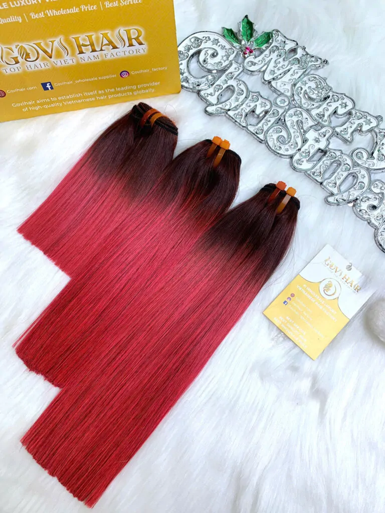 Weft Hair Extension Bone Straight Ombre Pink Color Vietnamese Hair