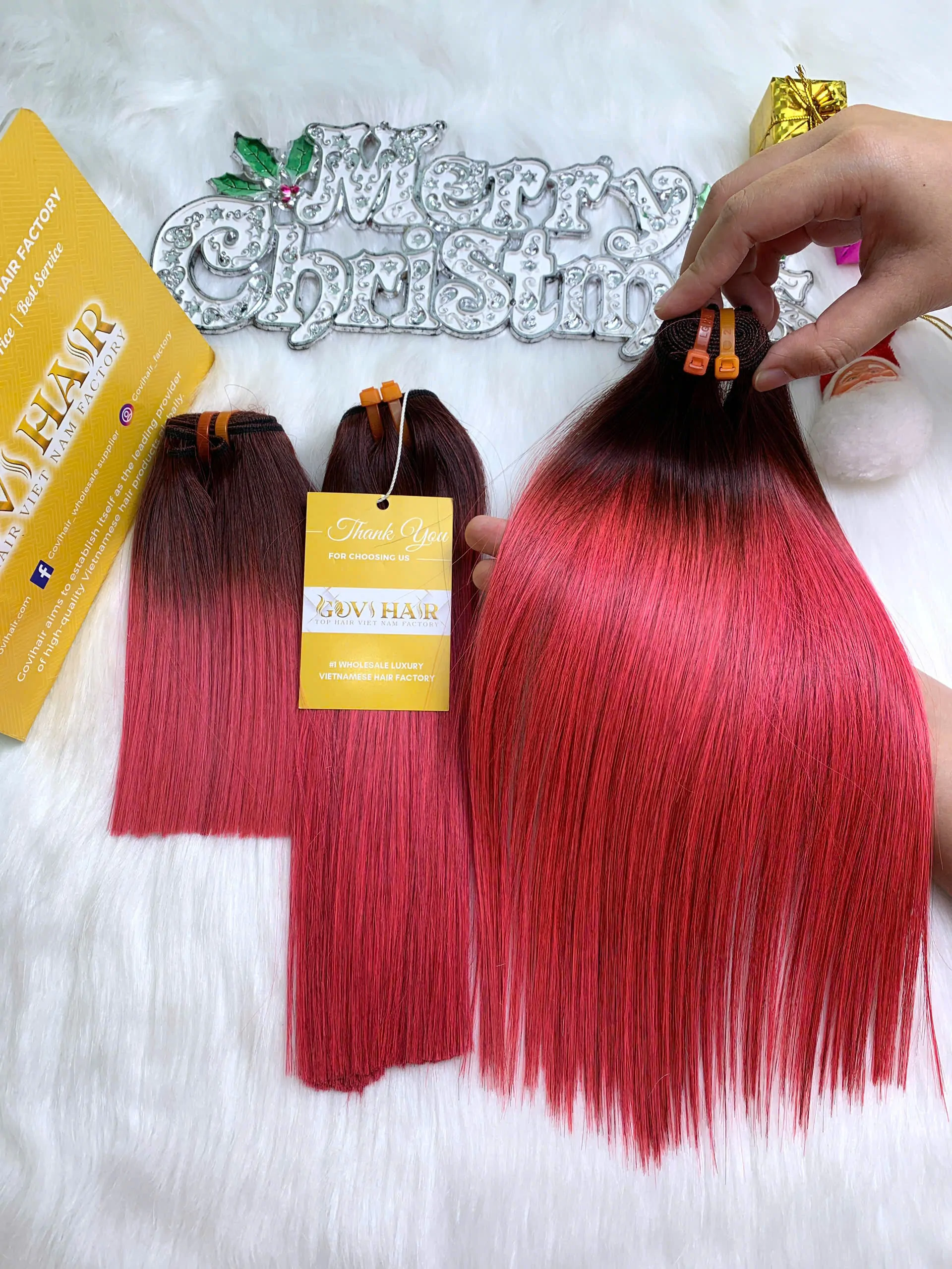 Weft Hair Extension Bone Straight Ombre Pink Color Vietnamese Hair