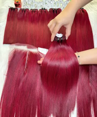 Weft Hair Extensions Bone Straight Red Wine Color Vietnam Hair