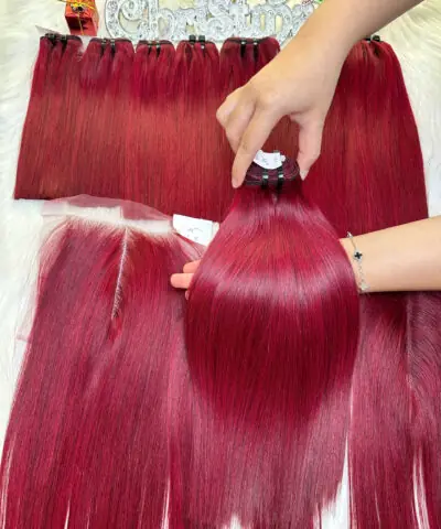 Weft Hair Extensions Bone Straight Red Wine Color Vietnam Hair