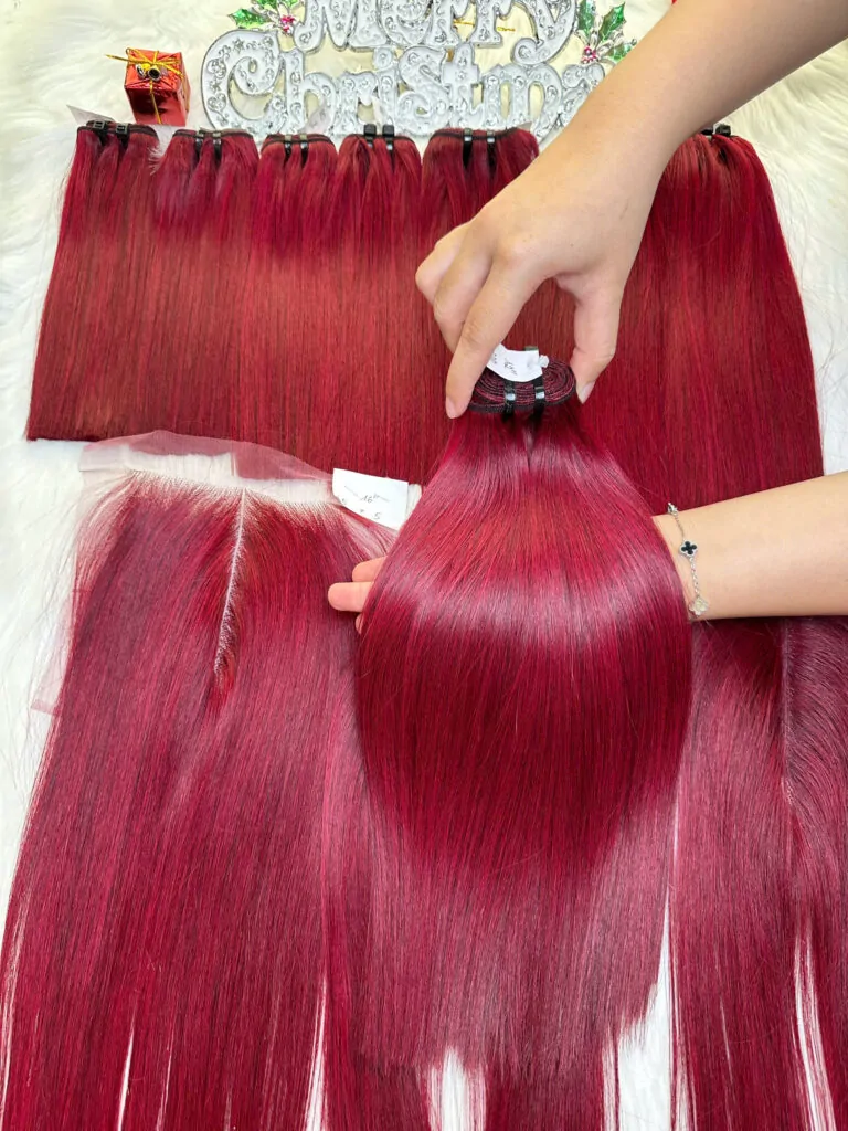 Weft Hair Extensions Bone Straight Red Wine Color Vietnam Hair