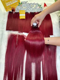 Weft Hair Extensions Bone Straight Red Wine Color Vietnamese Hair