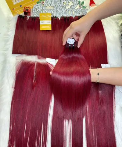 Weft Hair Extensions Bone Straight Red Wine Color Vietnamese Hair