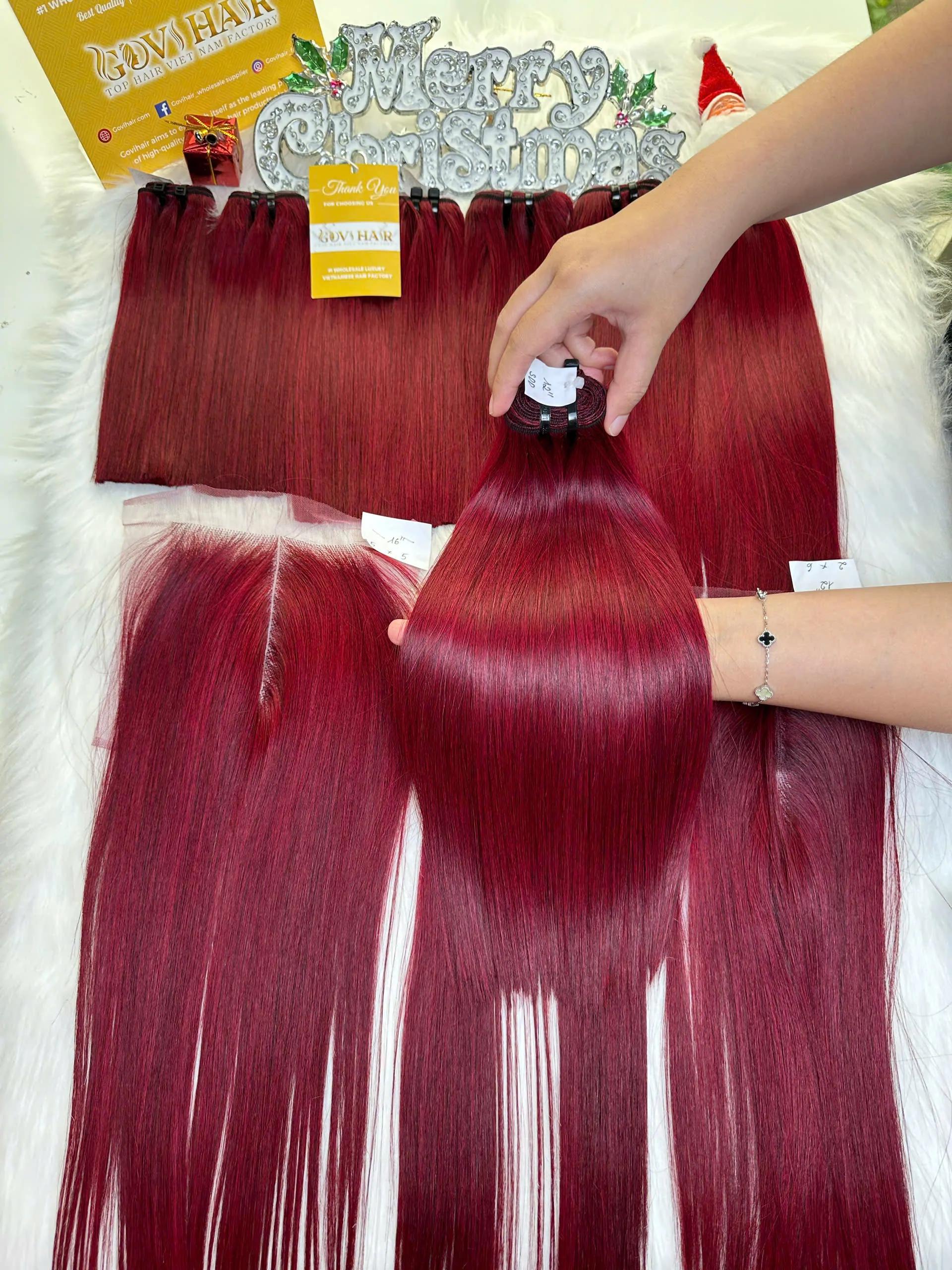 Weft Hair Extensions Bone Straight Red Wine Color Vietnamese Hair