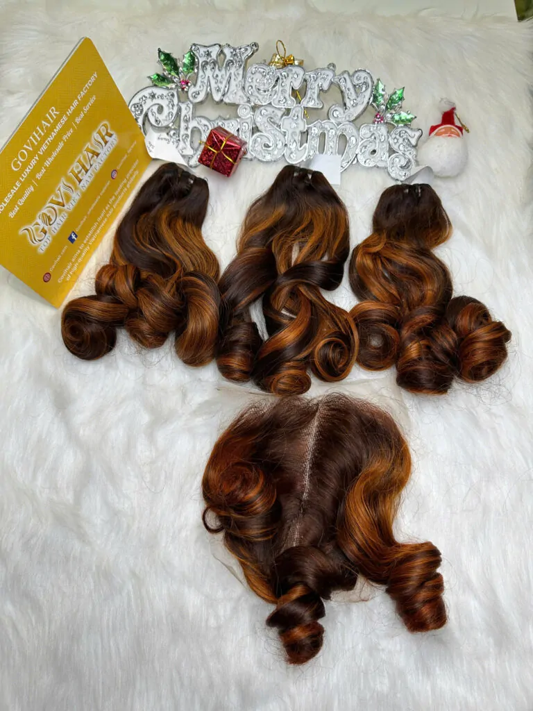 Weft Hair Extensions Fumi Bouncy Curly Mix Piano Color Raw Vietnamese Hair