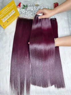 Weft Hair Extensions Bone Straight Ombre Burgundy
