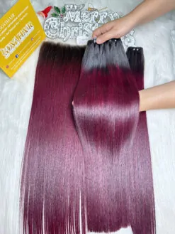 Weft Hair Extensions Bone Straight Ombre Burgundy Color