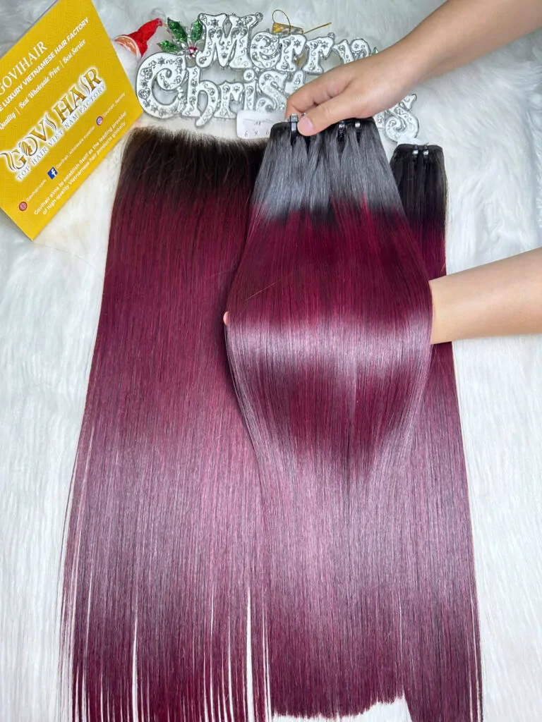 Weft Hair Extensions Bone Straight Ombre Burgundy Color