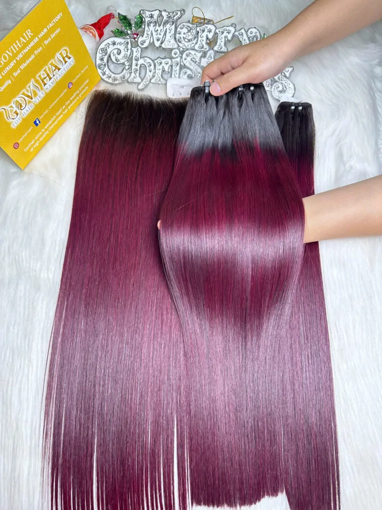 Weft Hair Extensions Bone Straight Ombre Burgundy Color Raw Vietnamese Hair