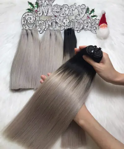 Weft Hair Extensions Ombre Grey Color Raw Vietnamese Hair High Quality