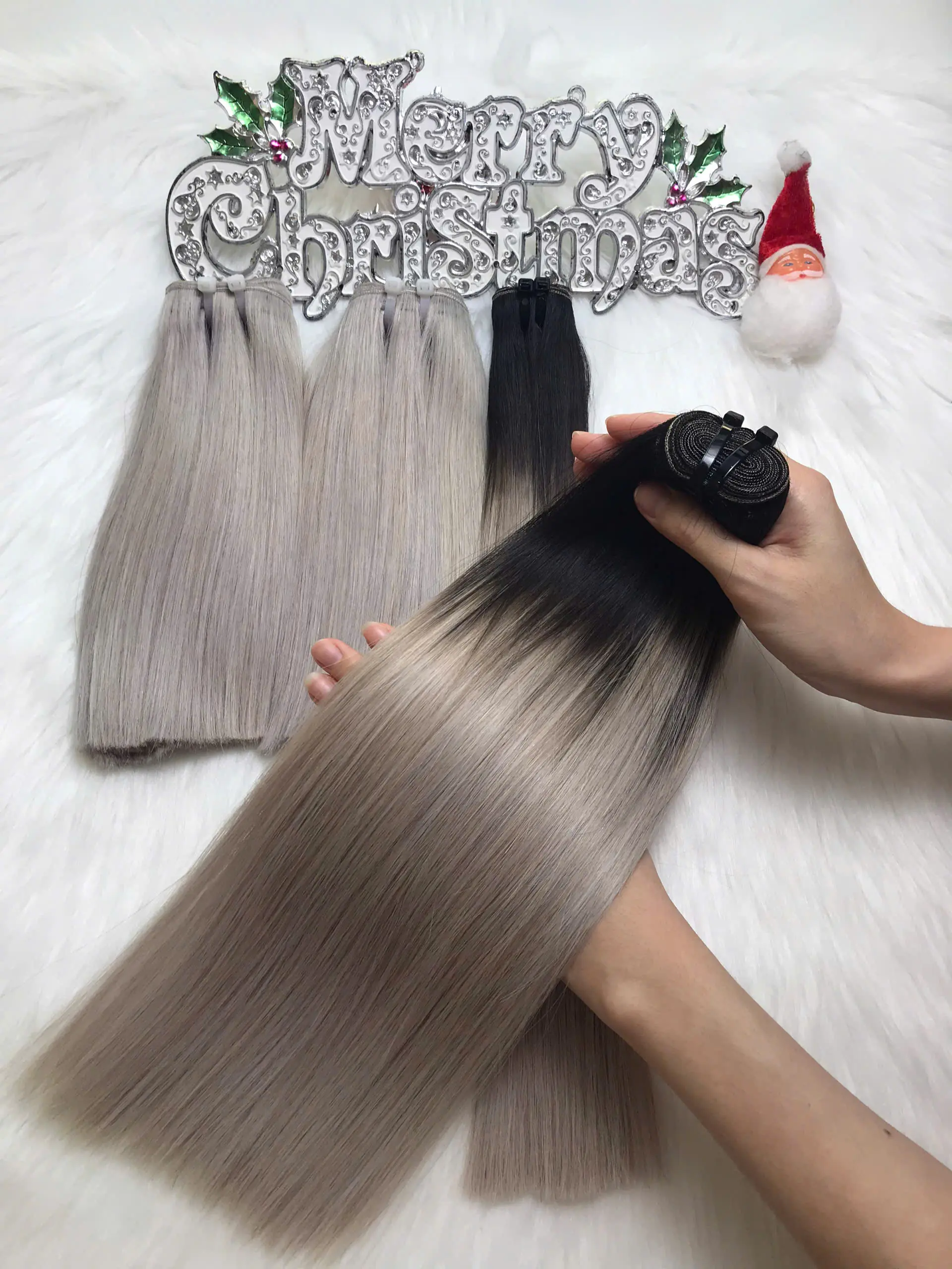 Weft Hair Extensions Ombre Grey Color Raw Vietnamese Hair High Quality