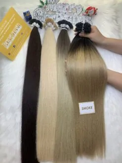 Flat Tip Hair Extensions Bone Straight 24 Inches Smoke Color Premium Vietnamese Hair