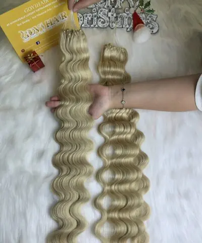 26 Inch Wavy Blonde Color H6 Feather Hair Extensions For Professional Hair Salon 6 H6 Feather Hair Extensions Super Double Drawn Wavy Blonde Color Luxury Vietnam Hair