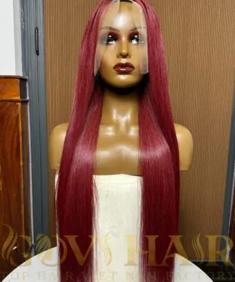 Human Hair Frontal wig 13x4 HD Lace Bone straight burgundy color