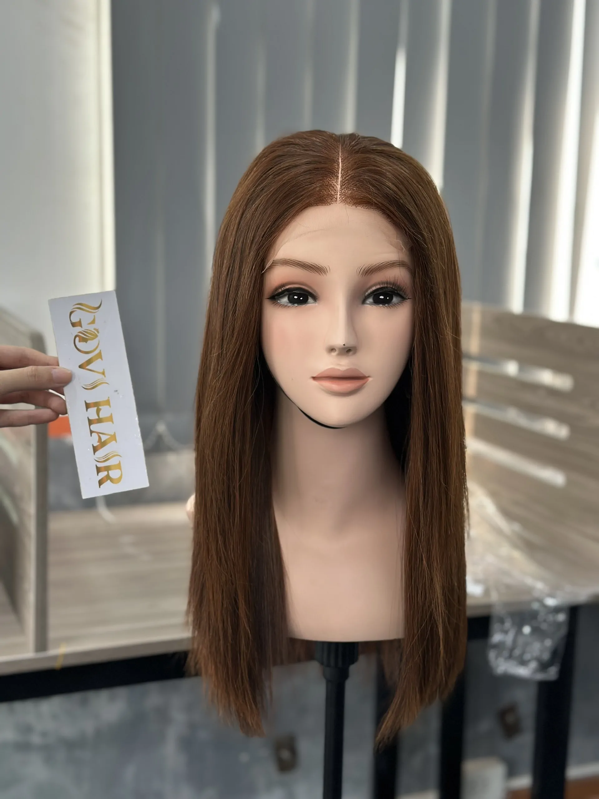 Short Human Hair Wigs Closure Lace 4x4 Bone Straight 6 Inches Chesnut Color Premium Vietnam Hair