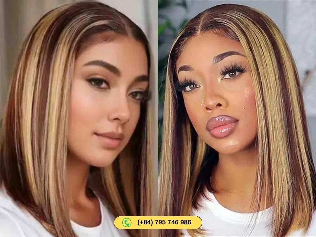 Human Hair Bob Wigs With Highlights Straight 14 Inch Lace Frontals