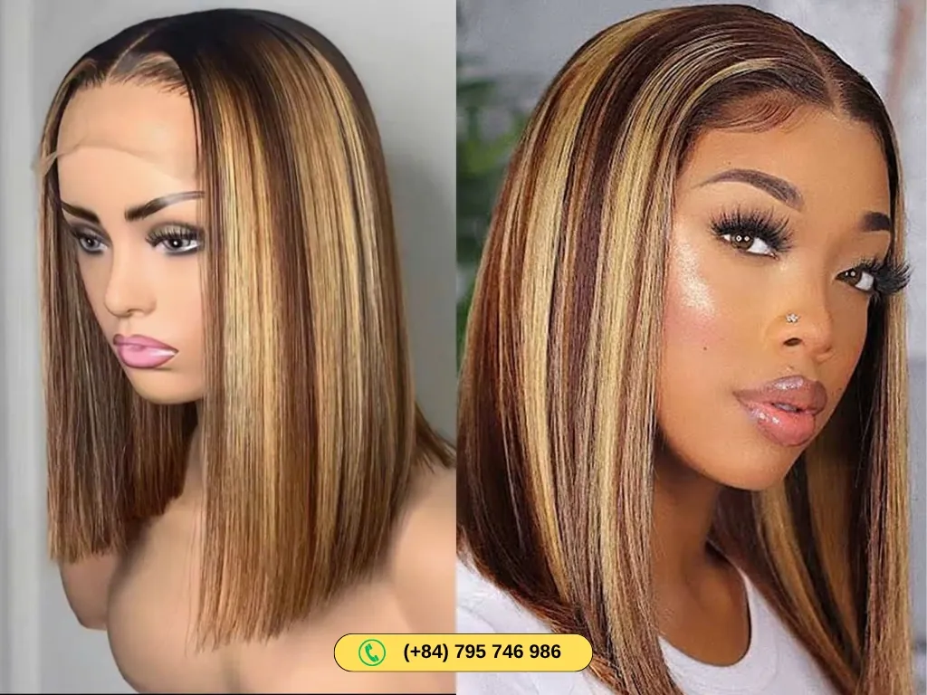 Human Hair Bob Wigs With Highlights Straight 14 Inch Lace Frontals