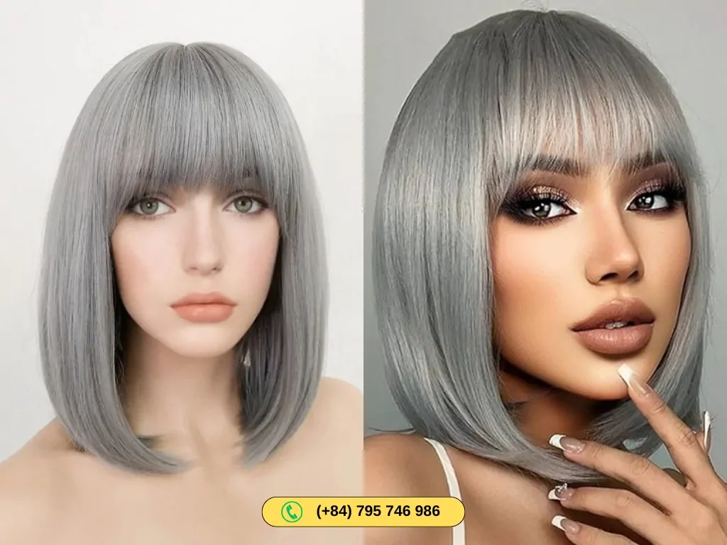 Human hair grey bob wigs with flat bangs