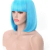 Human Hair Bob Wigs With Bangs Blue Color 10 Human Hair Bob Wigs With Bangs Blue Color