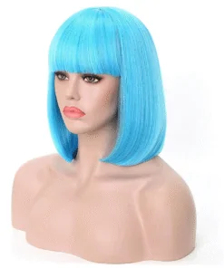 Human Hair Bob Wigs With Bangs Blue Color