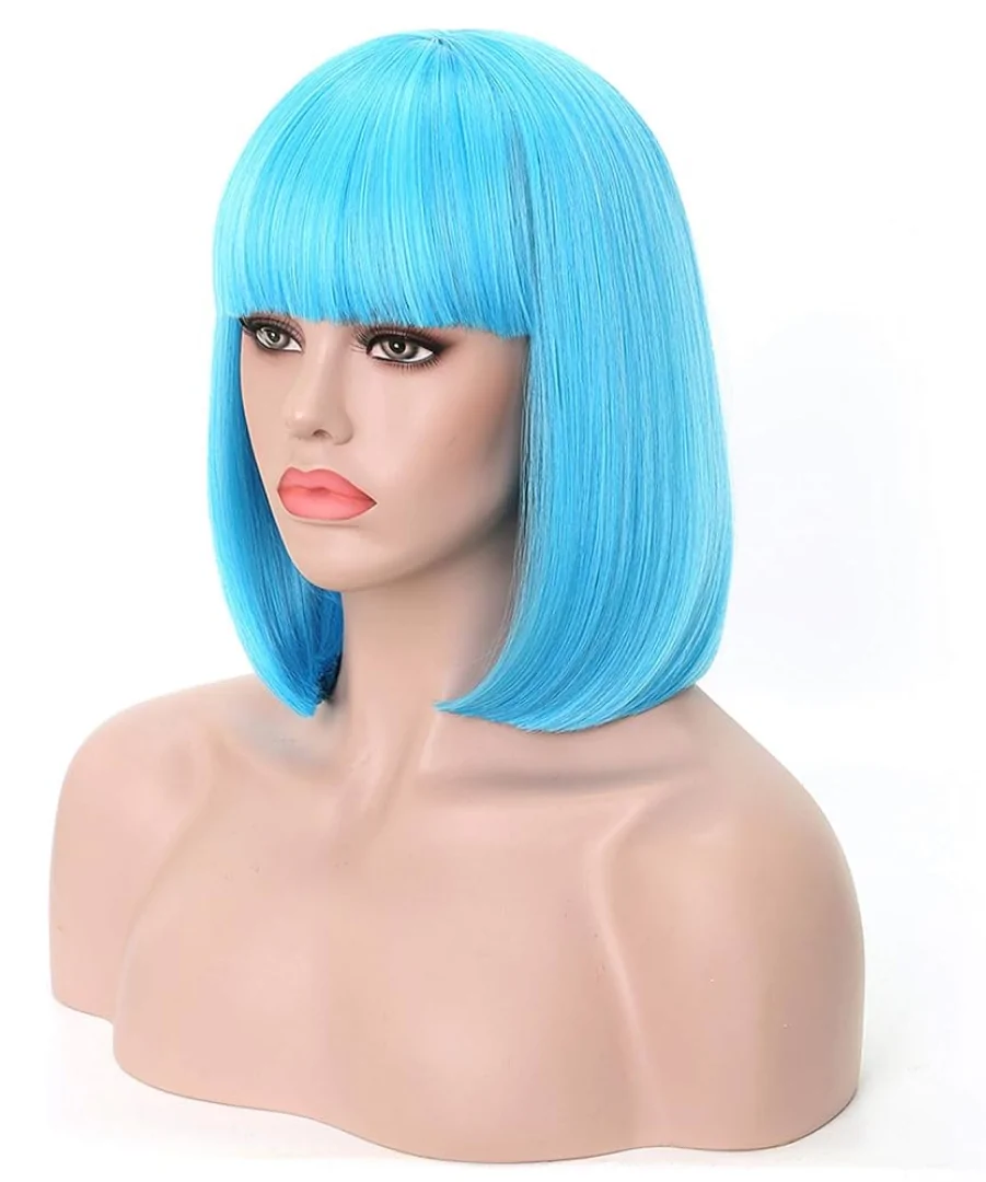 Human Hair Bob Wigs With Bangs Blue Color 1 Human Hair Bob Wigs With Bangs Blue Color