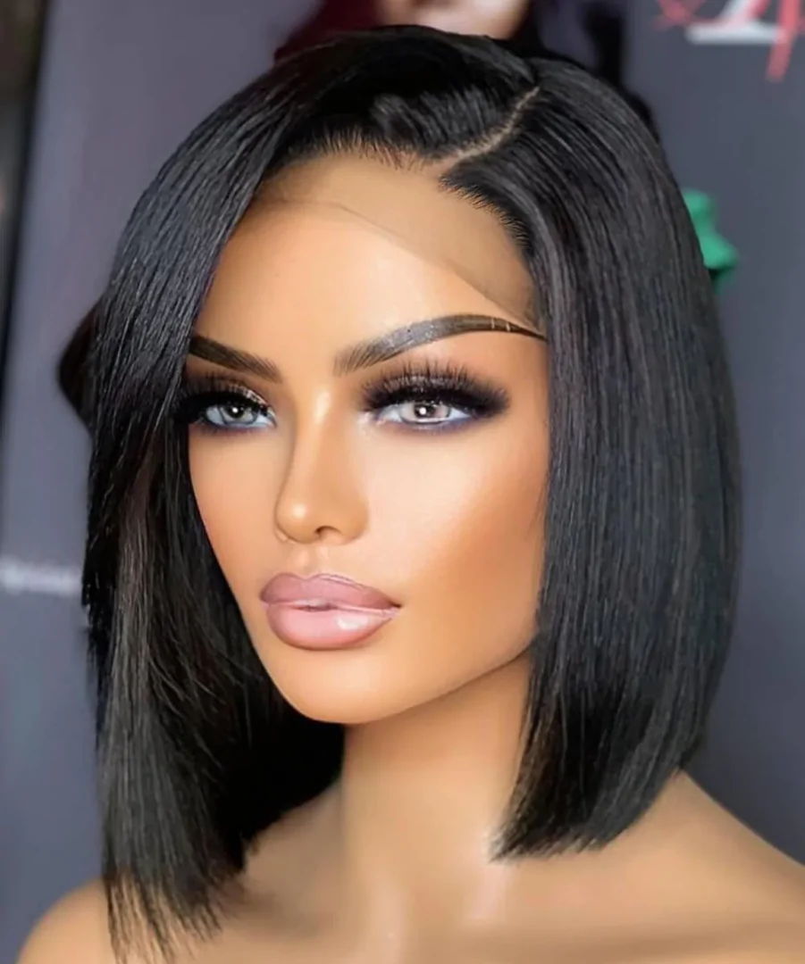 Short Closure Bob Wig 200% Density Straight Human Hair Wig Silky Blunt Cut