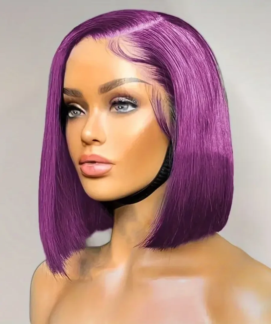 Straight Human Hair Bob Wig 13x4 Lace Closure 12 Inch Purple Color 1 Women's Colored Bob Hair Wig with Bangs Human Hair Wig