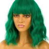 Women's Curly Wavy Green Bob Wig with Bangs 100% Human Hair