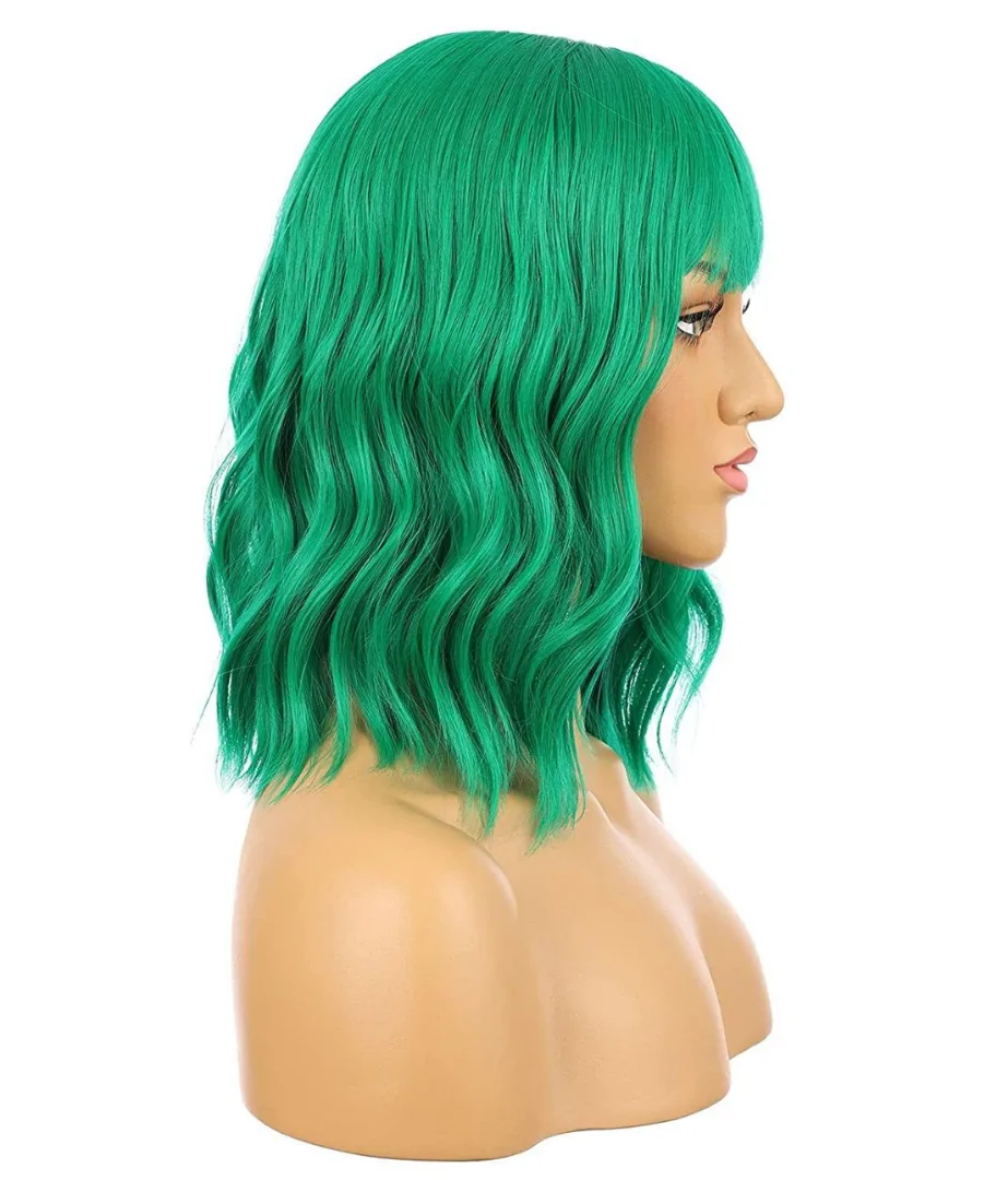 Women's Curly Wavy Green Bob Wig with Bangs 100% Human Hair