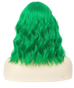 Women's Curly Wavy Green Bob Wig with Bangs 100% Human Hair