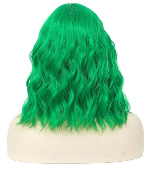 Women's Curly Wavy Green Bob Wig with Bangs 100% Human Hair