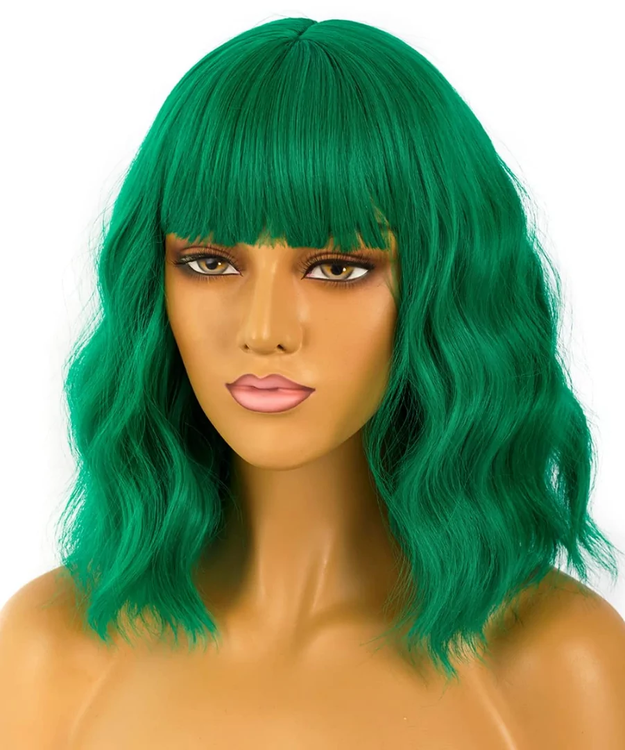 Women's Curly Wavy Green Bob Wig with Bangs 100% Human Hair