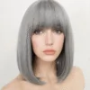 Human Hair Grey Bob Wigs with Flat Bangs