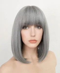 Human Hair Grey Bob Wigs with Flat Bangs