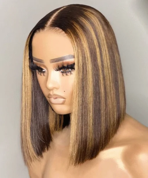 Straight Human Hair Bob Wig 5x5 Lace Closure 12 Inch Mix Piano Color 4 Blonde Highlight Short Layered Ombre Bob Wig 5x5 Closure