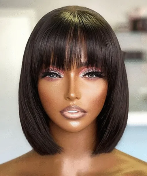 Human Hair Bob Wigs With Bangs Natural Color