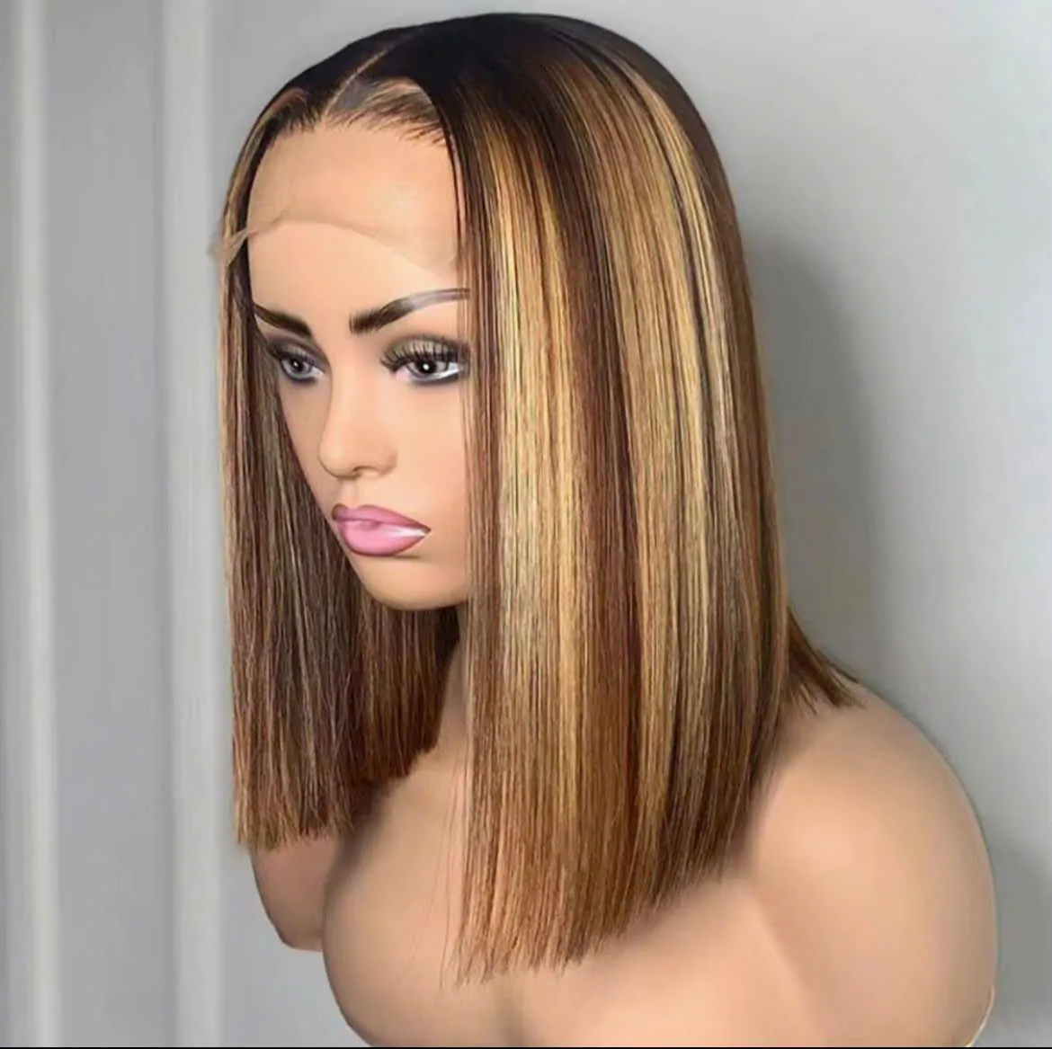 14 Inch Lace Frontal Human Hair Bob Wigs Highlights