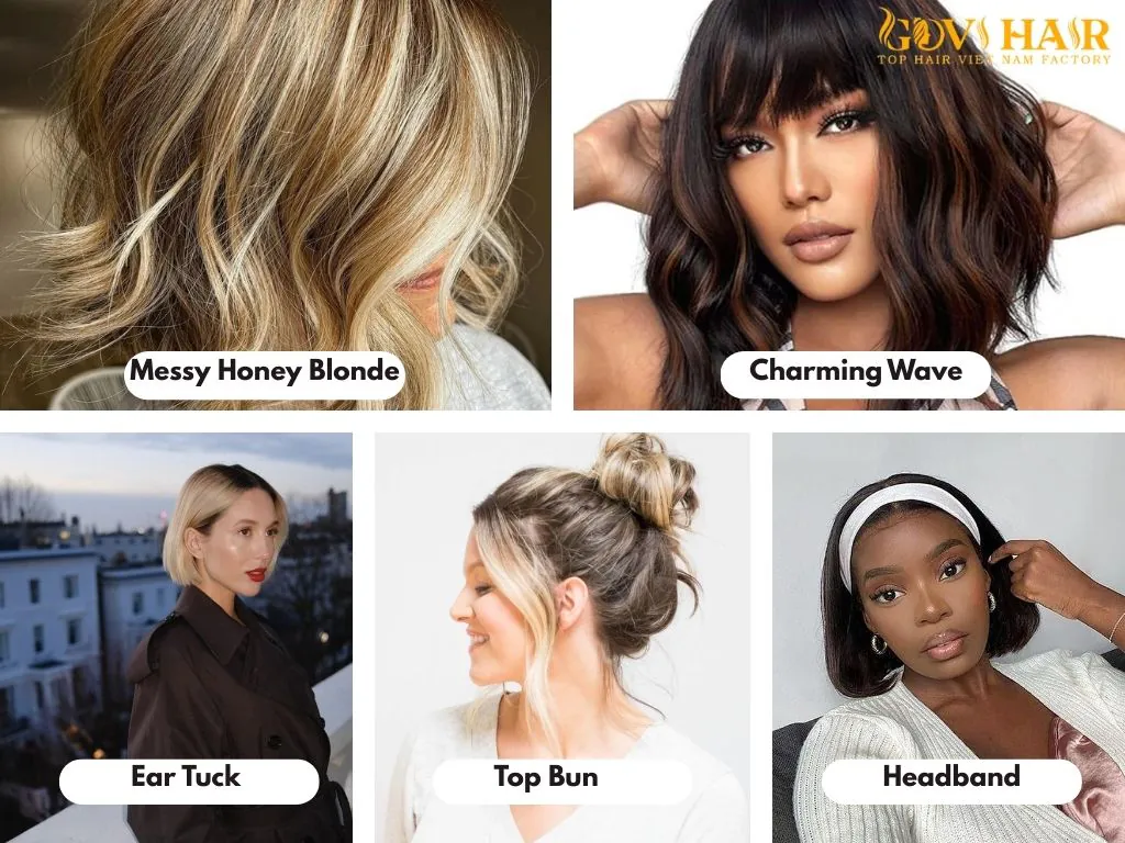 Top 41 Flawless Quick Weave Bob Hairstyles in 2025 10 Messy Honey Blonde, Charming Wave, Ear Tuck, Top Bun ,Headband Quick Weave Bob