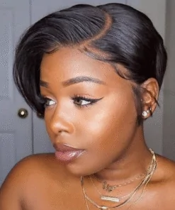 Alternative view of Pixie Cut Human Hair Bob Wig 13x4 Lace Frontal 8 Inch Natural Color