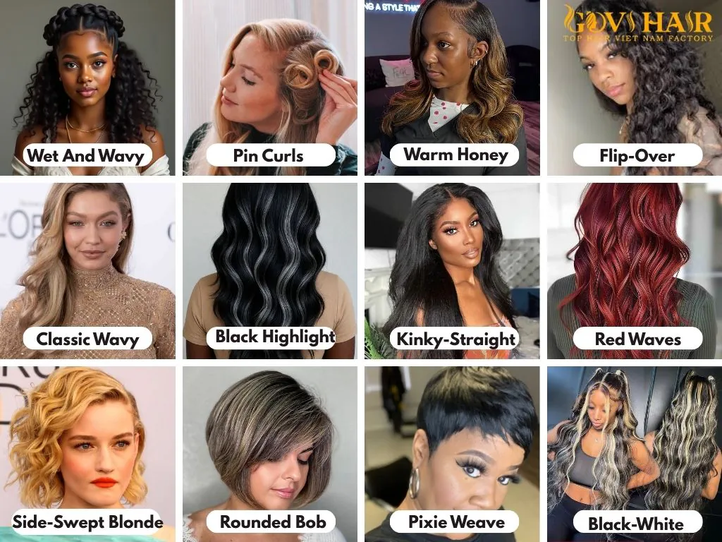 Quick Weave styles including wet-and-wavy looks, pin curls, waves, flip-over curls, bobs, pixie cuts, and highlighted styles