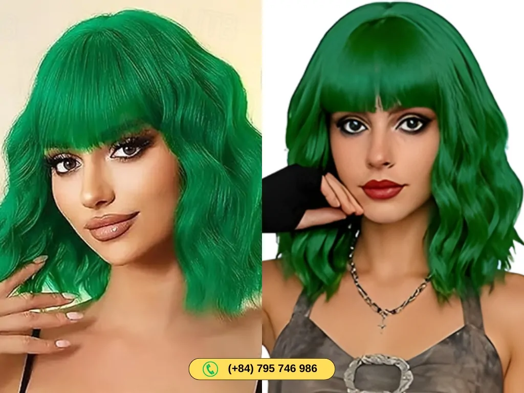 Wavy Human Hair Bob Wigs Green Color