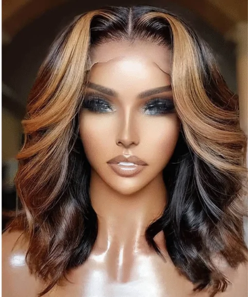 14 Inch Human Hair Bob Wigs Highlight Dark Brown