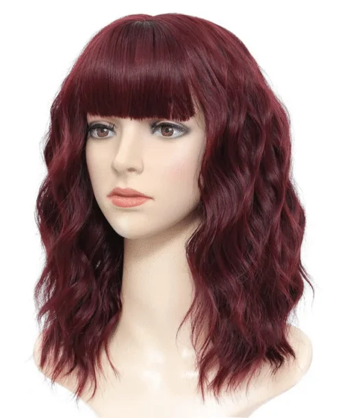Wavy Human Hair Bob Wigs Wine Red Color