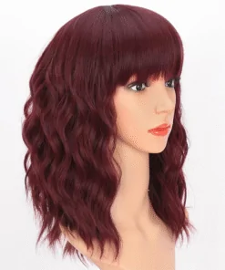 Wavy Human Hair Bob Wig 5x5 Lace Closure 14 Inch Red Wine Color 4 Curly Bob Wig with Bangs Short Wavy Wine Red Color Wigs for Women
