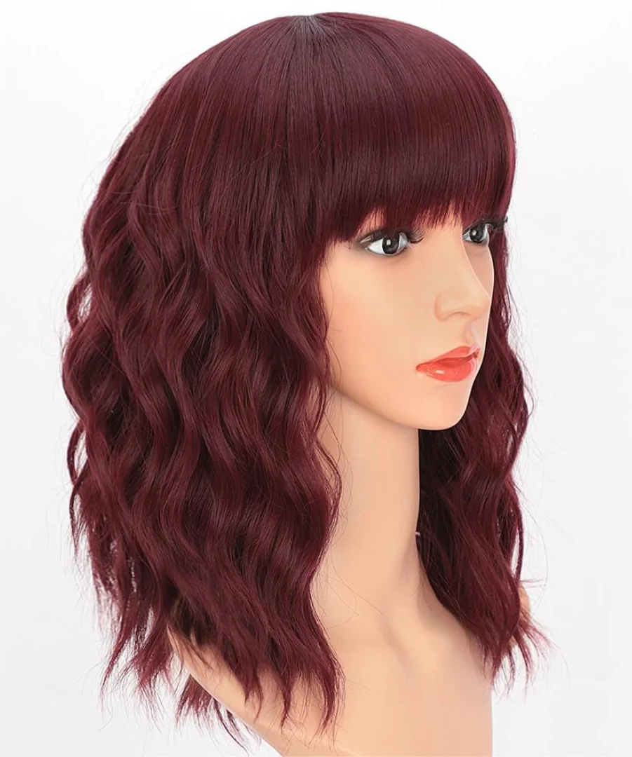 Wavy Human Hair Bob Wig 5x5 Lace Closure 14 Inch Red Wine Color 2 Curly Bob Wig with Bangs Short Wavy Wine Red Color Wigs for Women