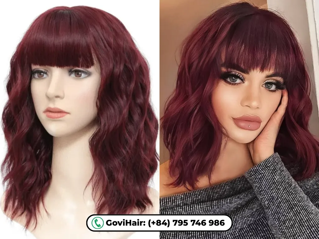 Wavy Human Hair Bob Wig 5x5 Lace Closure 14 Inch Red Wine Color 6 A Wavy Human Hair Bob Wig in Wine Red Color is a short, Wavy wig