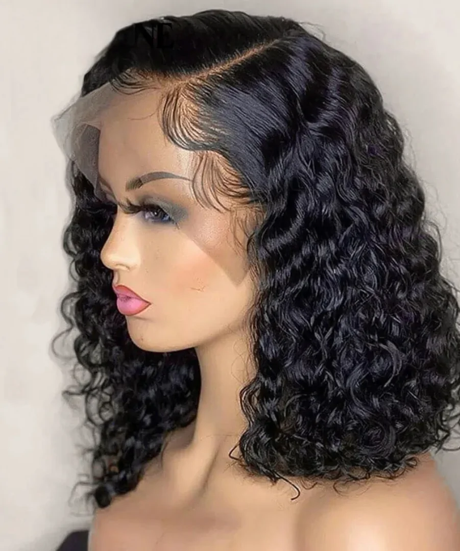 Deep Water Wave Curly Lace Front Human Hair Bob Wigs 180 Density