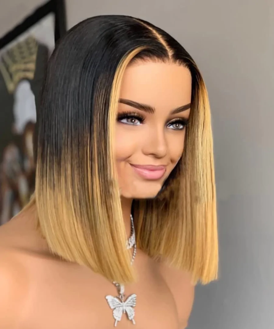 Ombre Blonde Bob Wig Human Hair 10 Inch 13x4 Short Honey Blonde